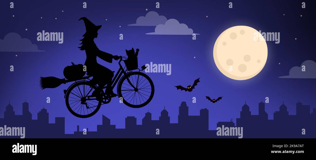 Unheimliche Hexe, die auf einem Fahrrad fährt und in der Halloween-Nacht in den Himmel fliegt Stock Vektor