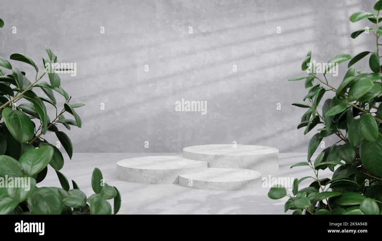 Podium-Modell zur Produktvorführung. Steinsockel mit Blättern auf dem Hintergrund einer Betonwand. 3D Abbildung. Stockfoto