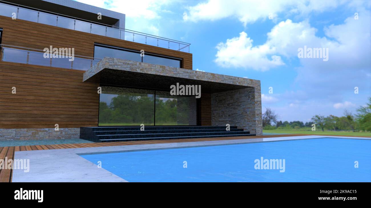 Ausgang vom Haus zum Pool. Moderne Landvilla. Fassadendekoration mit Holz. Glasgeländer. Selten bewölktes Wetter. 3D Rendern. Stockfoto