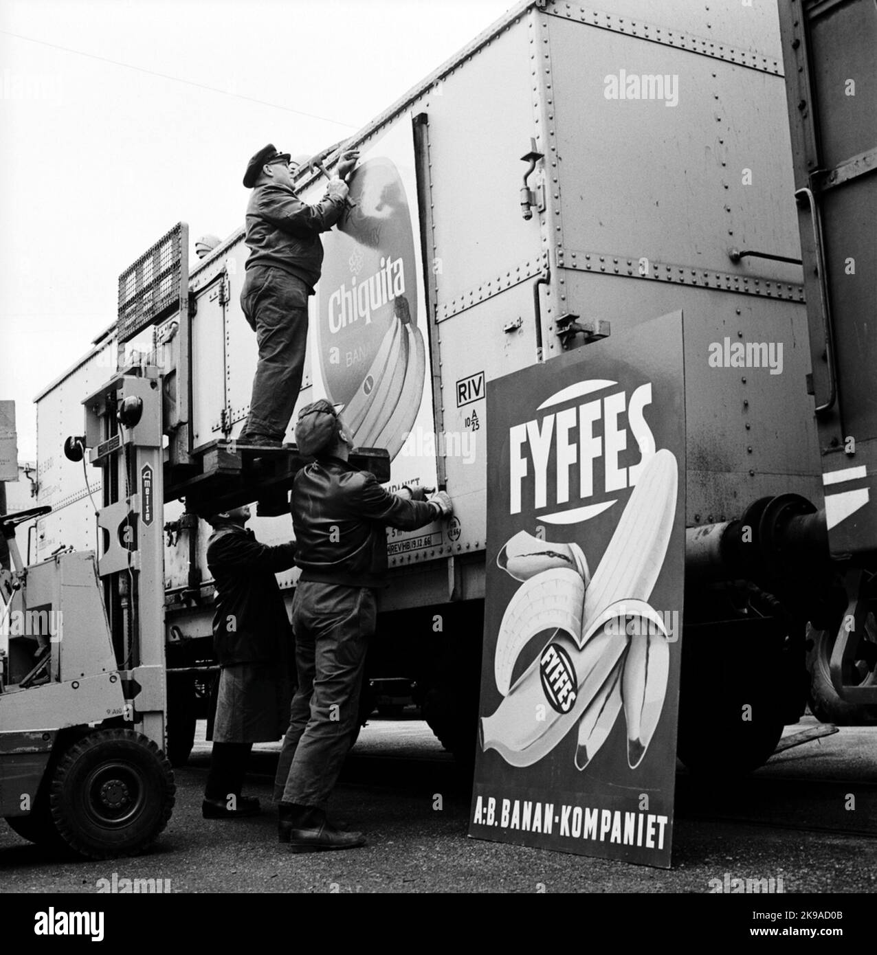 Fyffesab Banan-Companychiquita Banana Signage, Bananenwagen Stockfoto