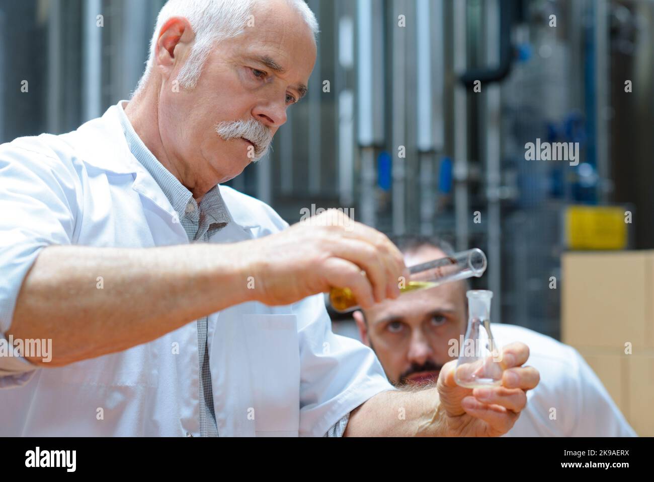 Arbeiter, der die spezifische Dichte von Bier misst Stockfoto