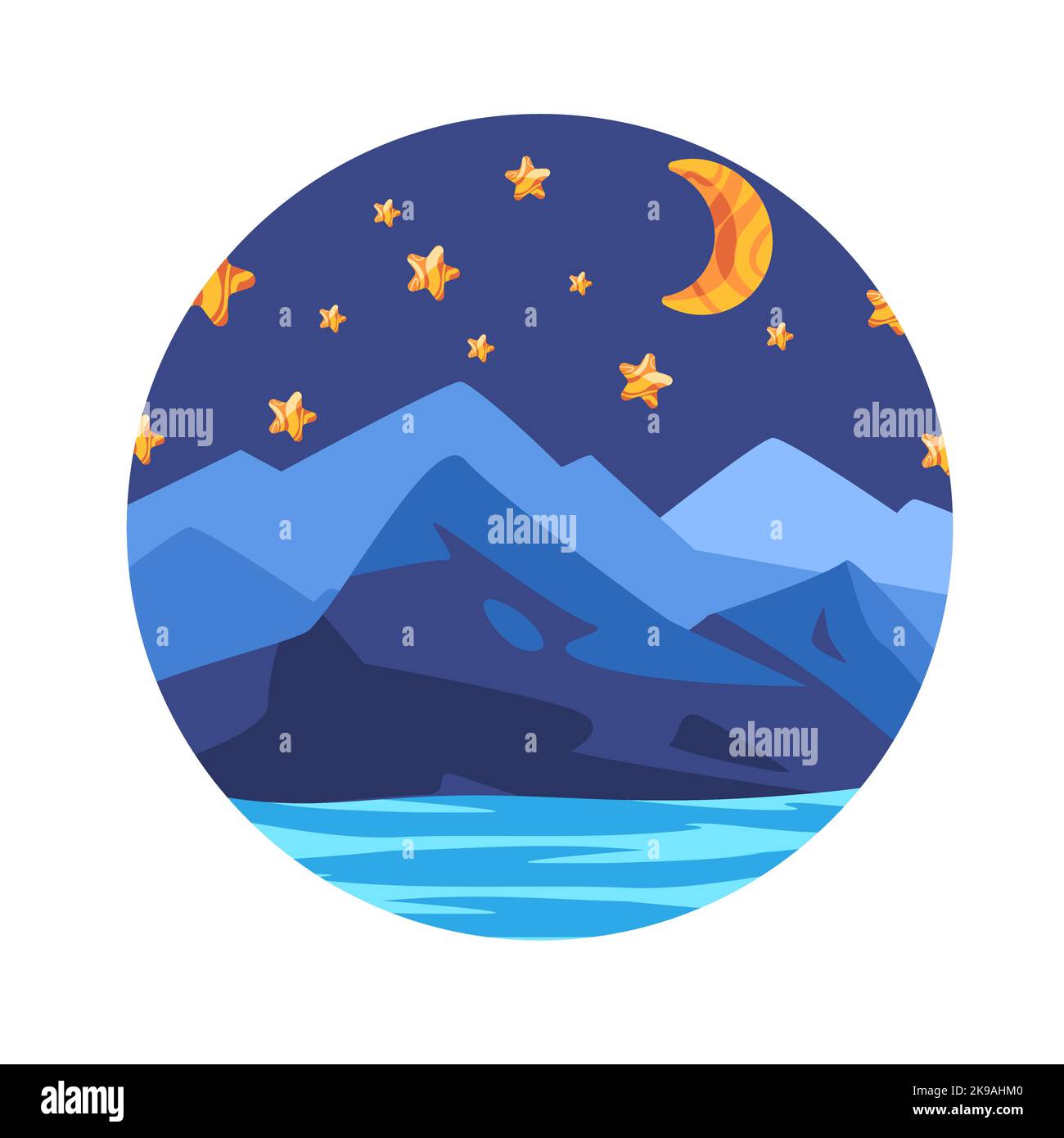 Flussufer in Bergwald mit Himmel Nacht voller Sterne Illustration in Cartoon-Kreis Stock Vektor