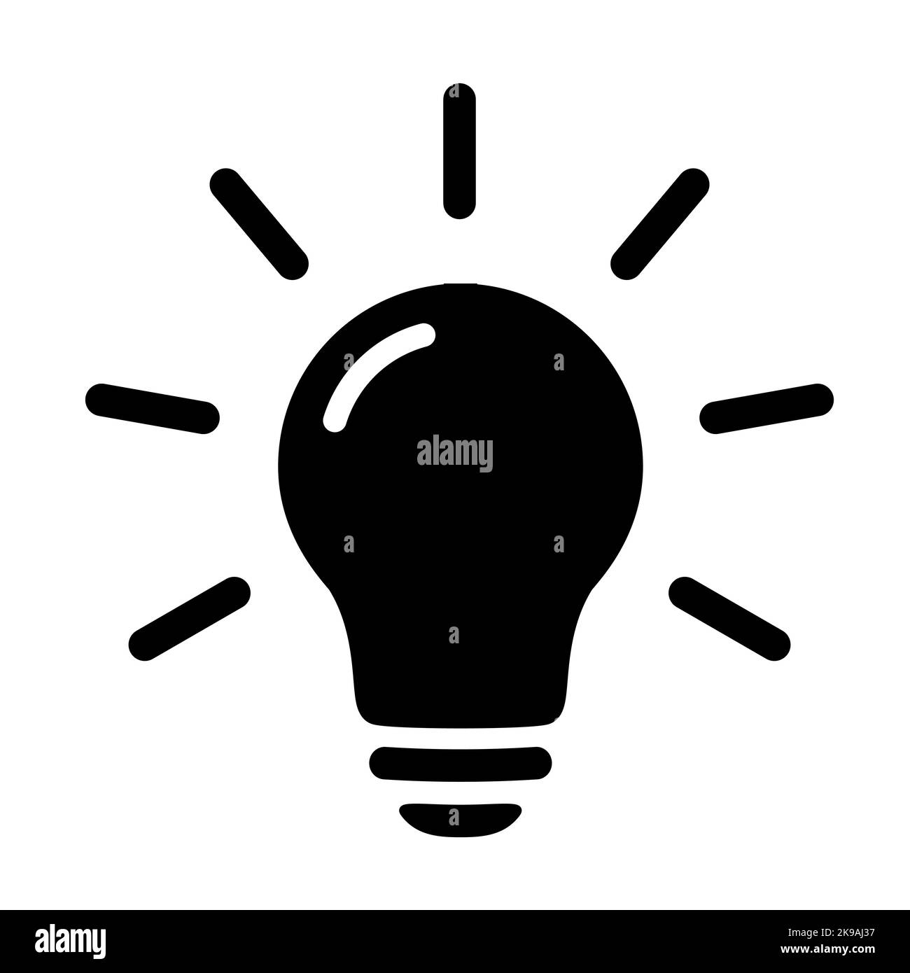 Schwarzes Leuchtmittel-Symbol in flachem Stil. Beleuchtungslampe in schwarz isoliert auf weiß. Glühbirne als Zeichenlösung, Idee, Denkkonzept. Strombuls sh Stock Vektor