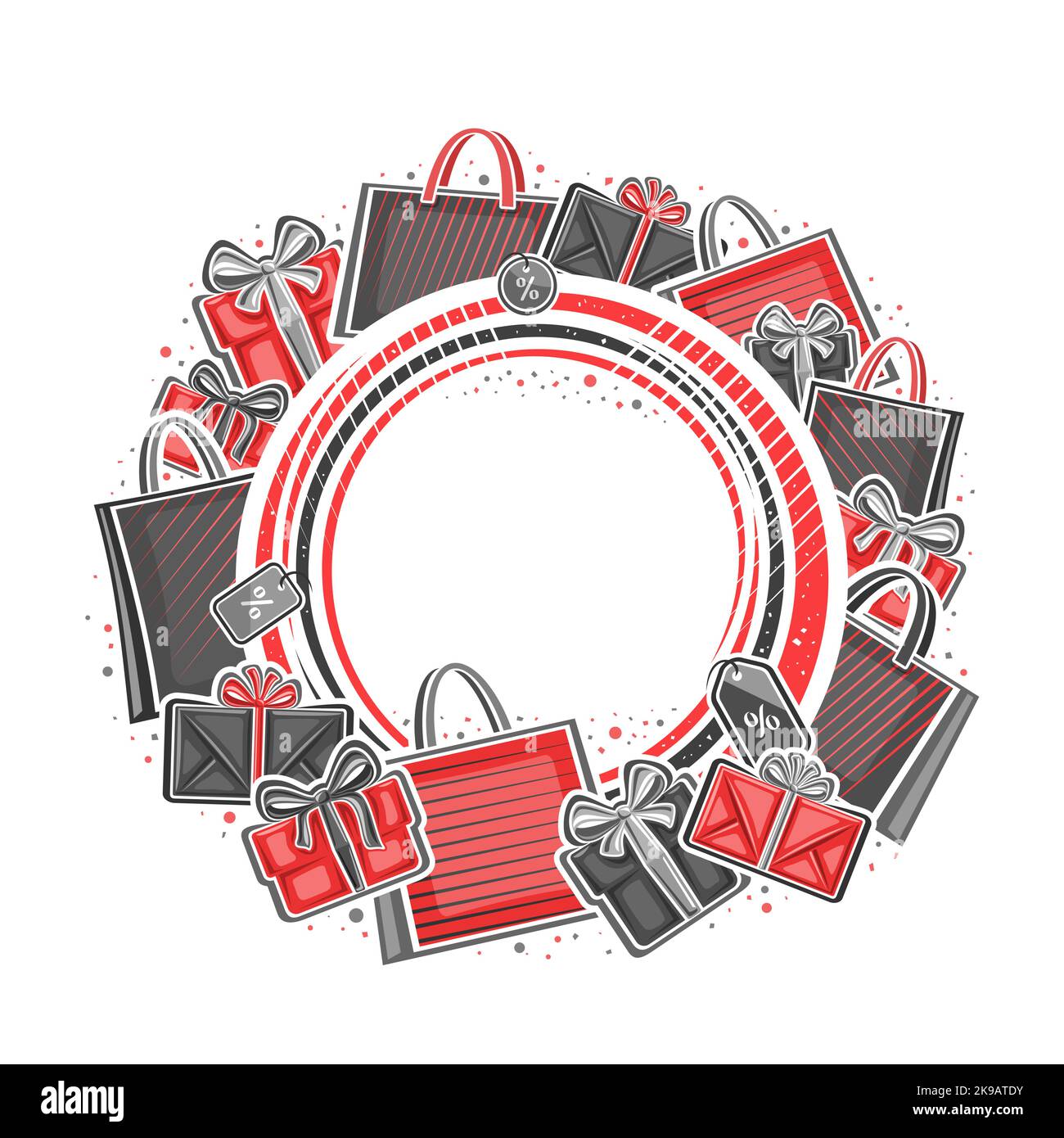 Vektorrahmen für Black Friday Verkauf mit leerer Kopiefläche für Werbetext, dekoratives rundes Schild mit Abbildung verschiedener Papiertüten, gif Stock Vektor