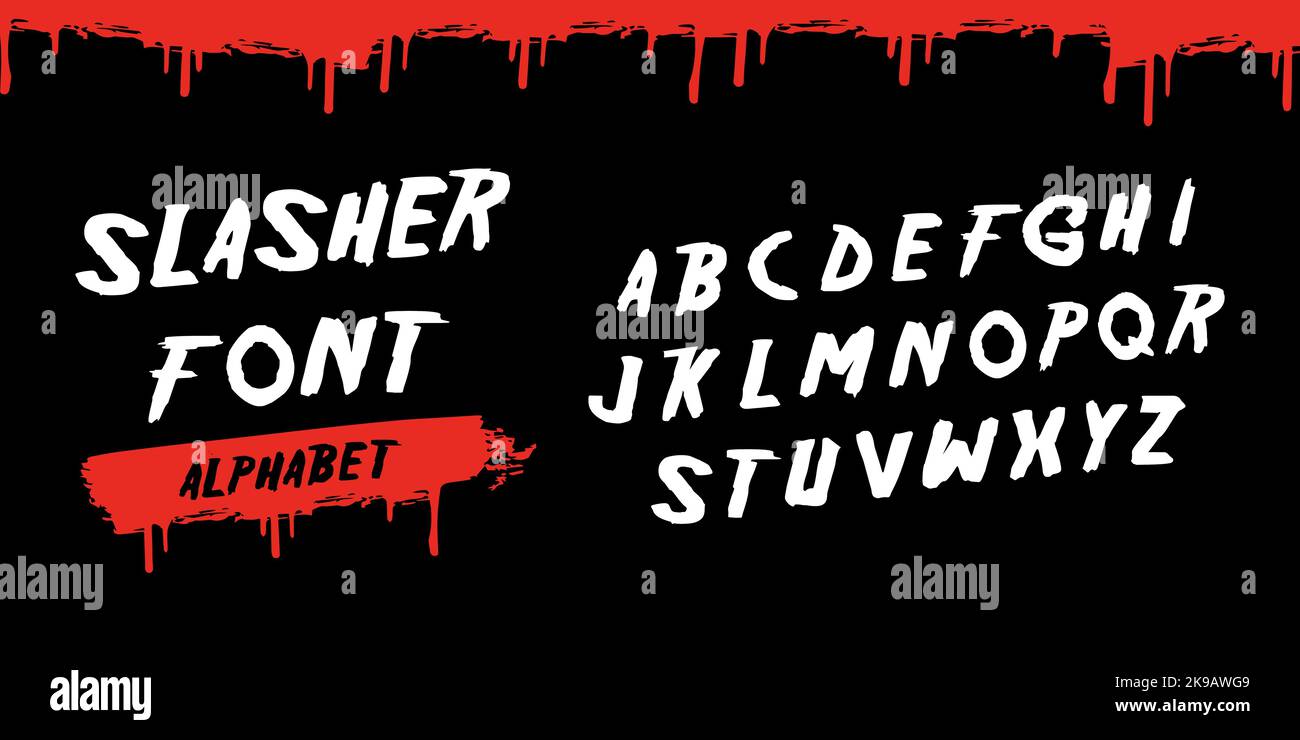 Slasher Titel Alphabet, Horror Movie Genre. Scary Halloween Schrift. Blutige Typografie. Dekorative ABC-Elemente. Stock Vektor
