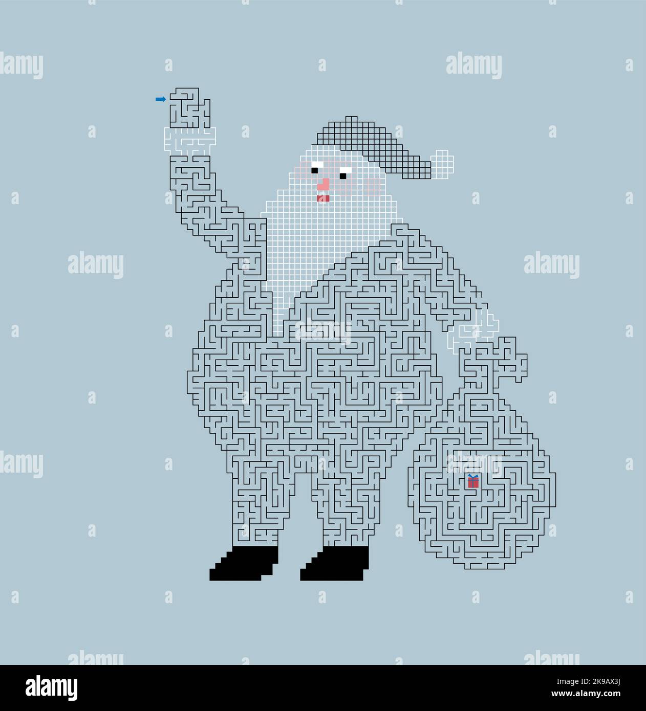 Vektor-Illustration von Labyrinth Puzzle-Spiel für Kinder mit Weihnachtsmann Charakter und Sack von Weihnachtsgeschenken. Labyrinth Innenkontur des Weihnachtsmanns. Stock Vektor