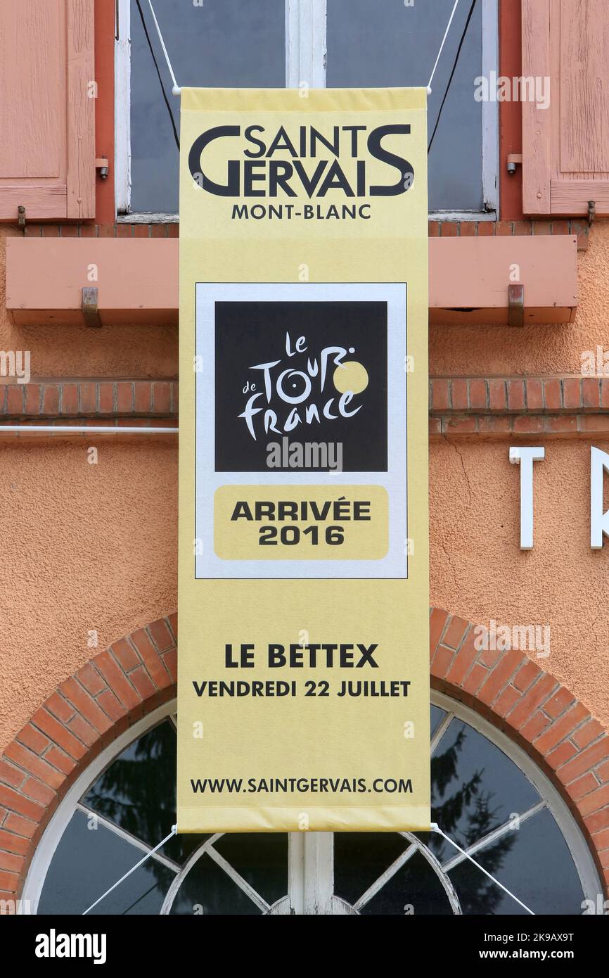 Straßenbahn Mont-Blanc. Le Tour de France. Vendredi 22 juillet 2016. Saint-Gervais-les-Bains. Haute-Savoie. Auvergne-Rhône-Alpes. Frankreich. Europa. Stockfoto