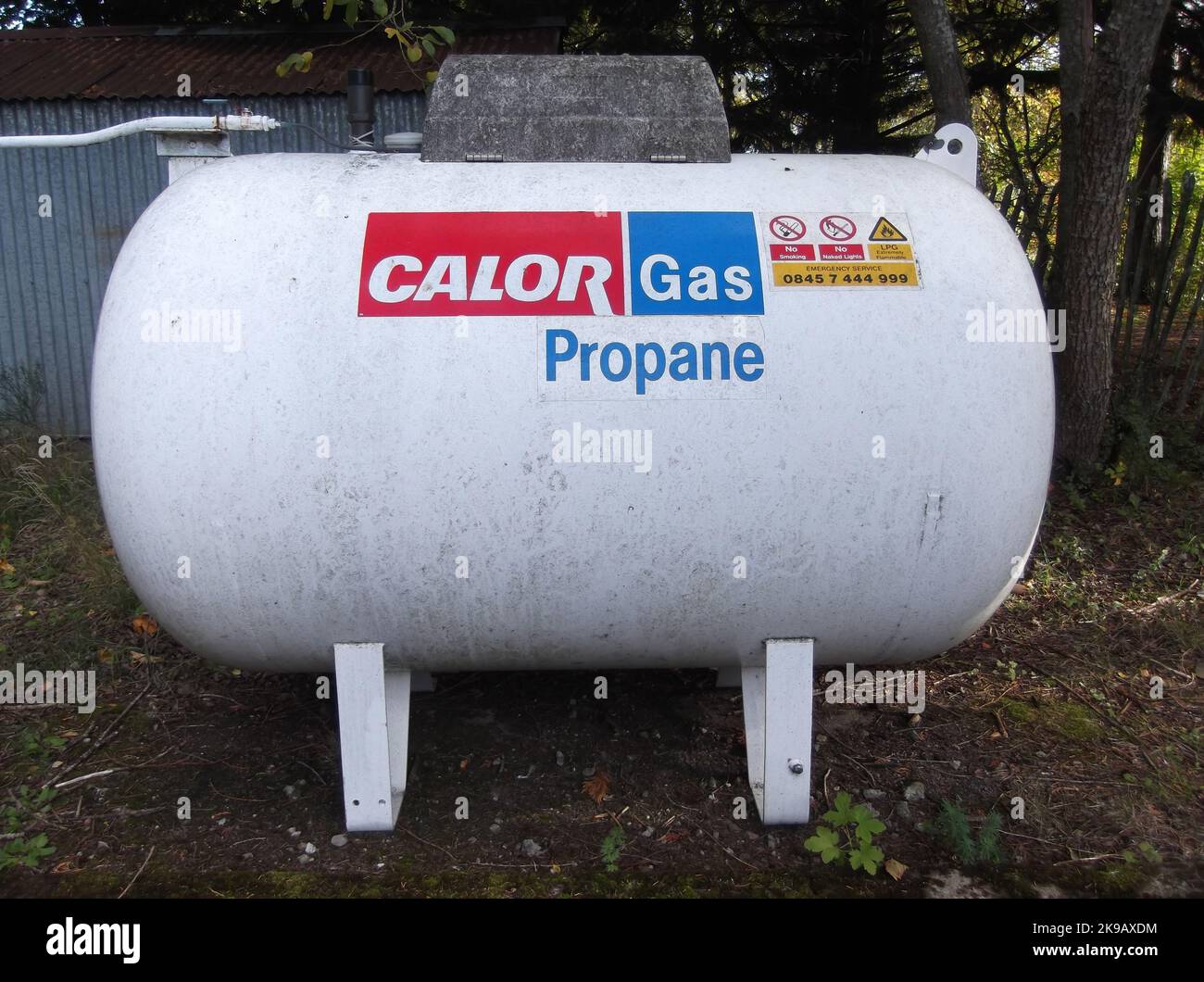 Externer oberirdisch-Calor-Gas-Propan-Tank für den Heimgebrauch, Schottland, Großbritannien Stockfoto