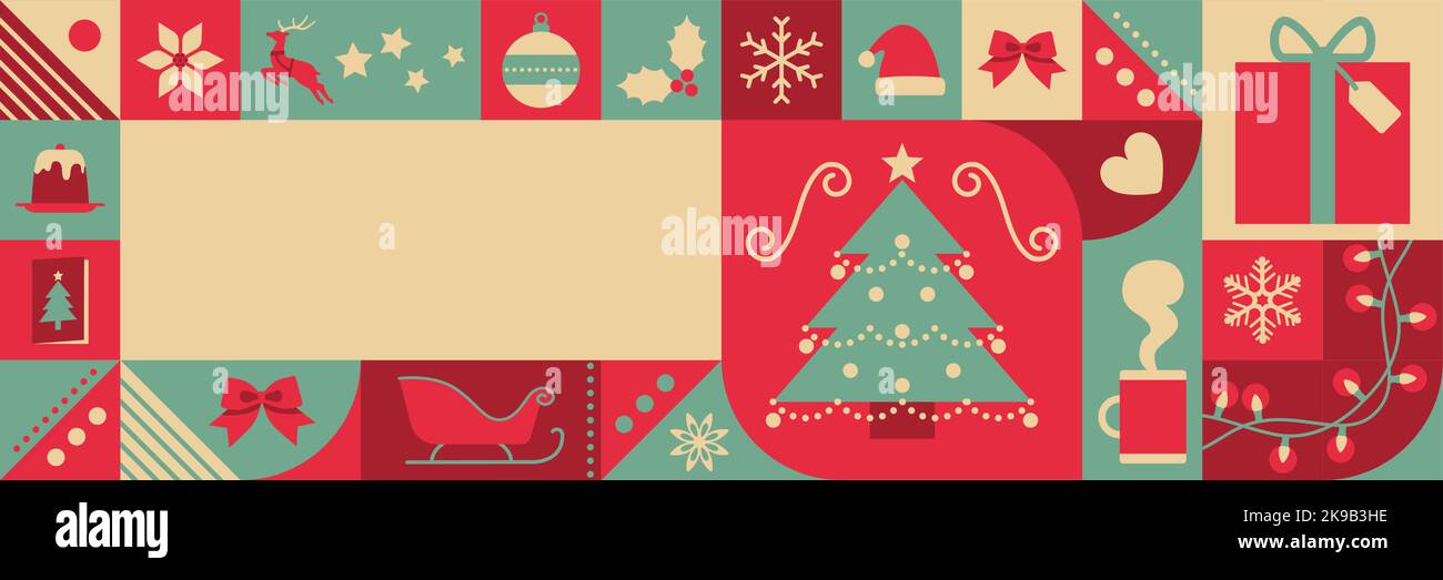 Weihnachtsbanner mit geometrischen festlichen Ikonen und Kopierraum Stock Vektor