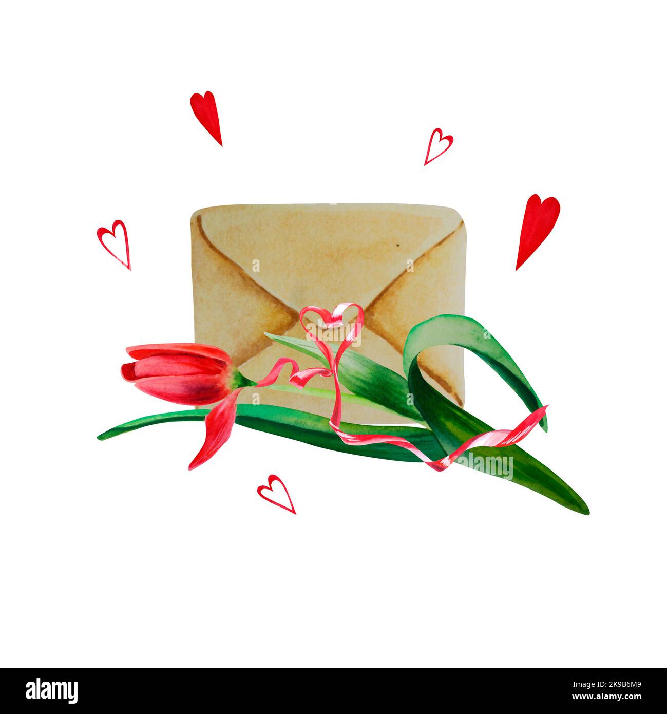 Ein Umschlag mit einem Valentinstag. Eine Liebesbotschaft. valentinstag. Aquarelldarstellung Stockfoto