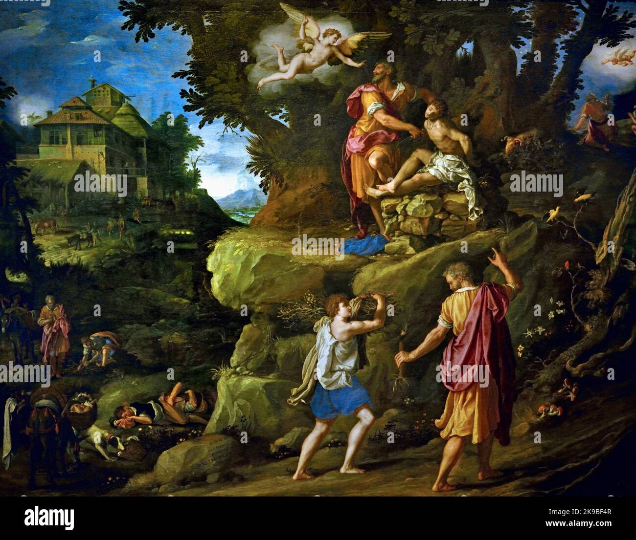 Das Opfer von Isaac 1601 Alessandro Allori, (Florenz 1535 – 1607) , Florenz, Italien. Gott bittet Abraham, seinen Sohn Isaak zu opfern, den Berg Moriah, Abraham beginnt, sich zu halten, als ein Bote Gottes ihn unterbricht, sieht Abraham dann einen Widder und opfert ihn stattdessen, Stockfoto