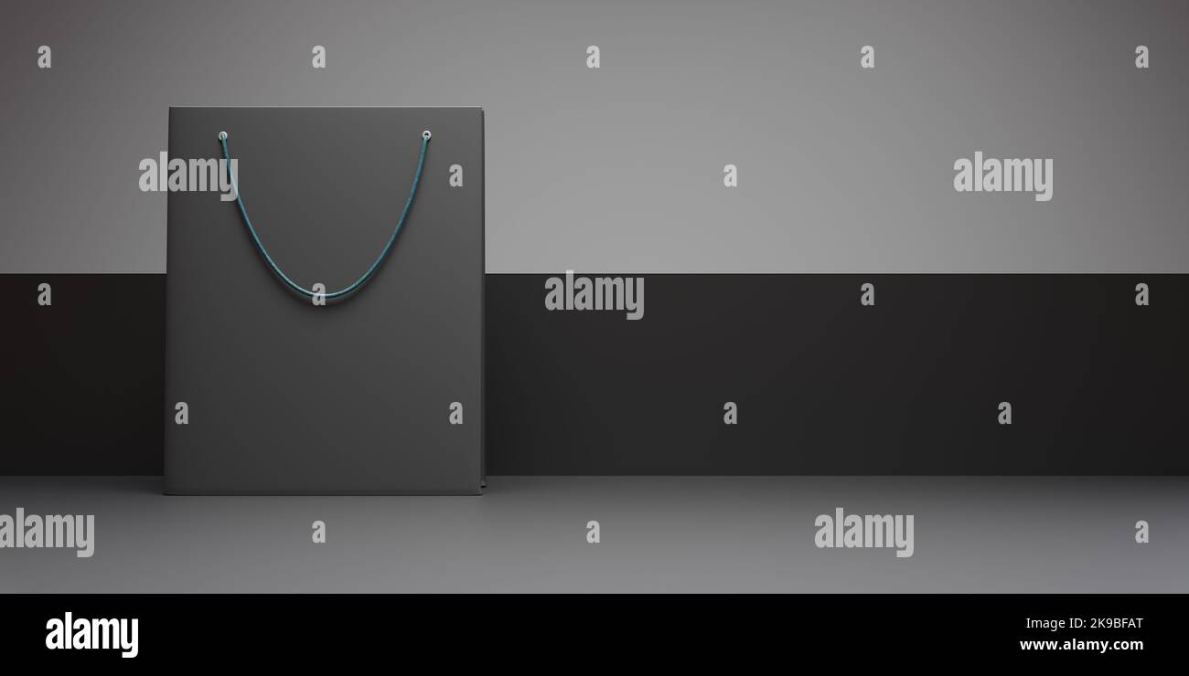 Black Friday Verkaufskonzept. Einkaufstasche leer, Geschäftsangebot Marketingvorlage, Banner, Kopierraum. 3D Rendern Stockfoto