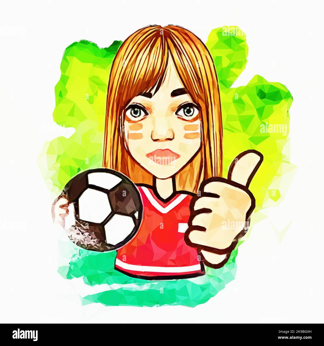 Mädchen mit Fußball. Sie trägt ein rotes Trikot und hat Streifen im Gesicht. Sie zeigt Daumen nach oben. Vektor im Low Poly Stil. Stock Vektor