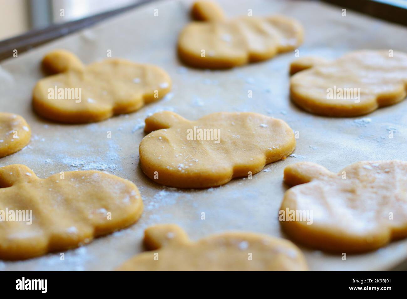 Schneiden Sie Plätzchen aus rohem Kürbisteig auf Backblech aus Stockfoto