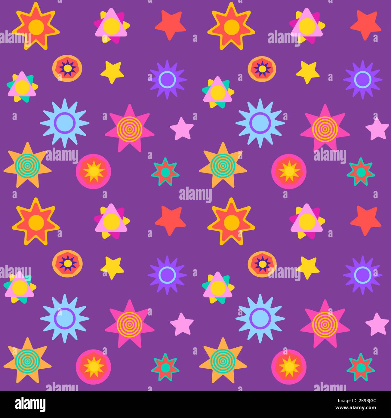 Nahtloses Muster mit bunten Sternen auf violettem Hintergrund. Stock Vektor