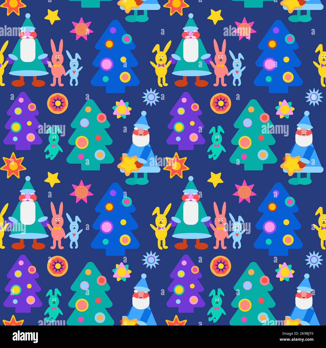 Buntes Neujahrsmuster mit Weihnachtsbaum, weihnachtsmann, Kaninchen und Sternen. Stock Vektor