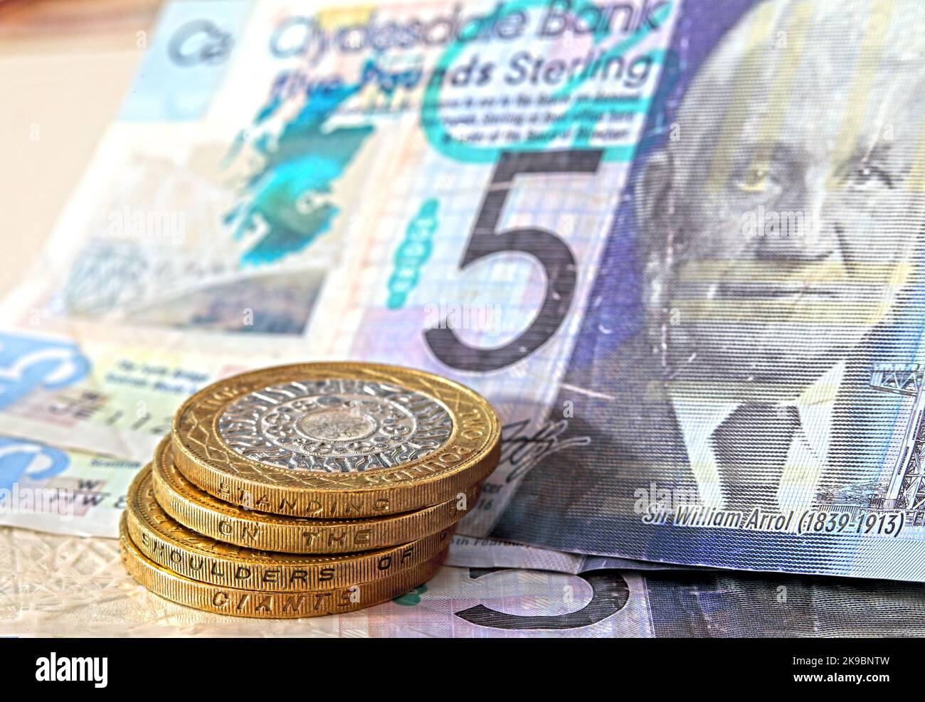 Schottische Sterling-Banknoten, zwei Teichmünzen, eine zukünftige temporäre Währung nach einer möglichen erfolgreichen SNP-Unabhängigkeitsabstimmung Stockfoto