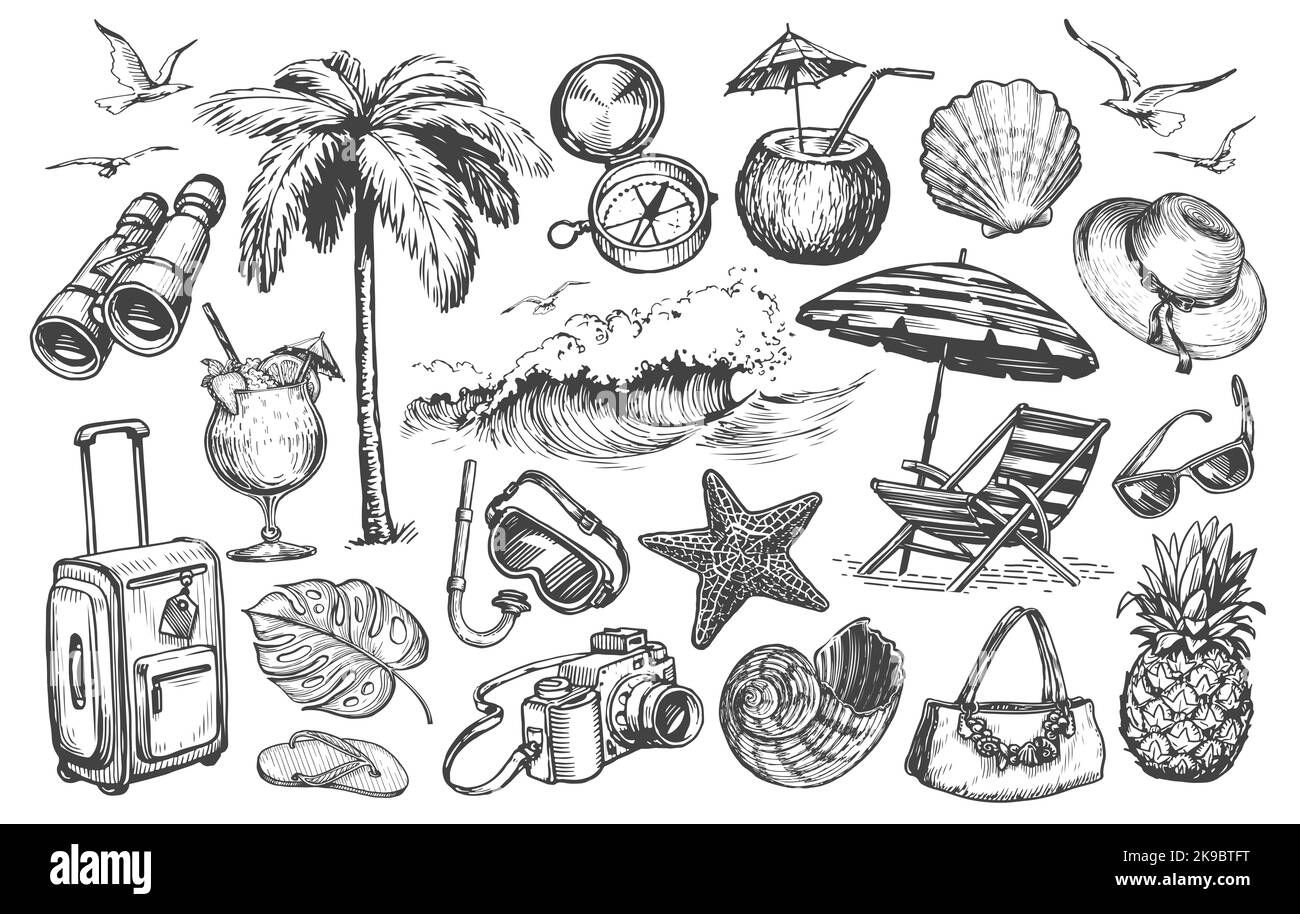 Reisesatz. Sommertour, Urlaub, Strandurlaub Konzept. Handgezeichnete Reise-Illustrationen im Vintage-Sketch-Stil Stockfoto