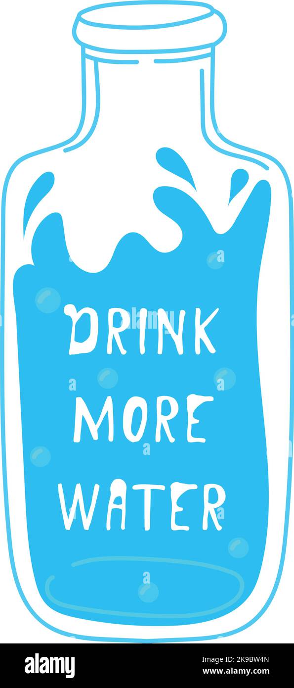 Trinken Sie mehr Wasser Poster mit Glas blaue Flasche isoliert auf weißem  Hintergrund Stock-Vektorgrafik - Alamy