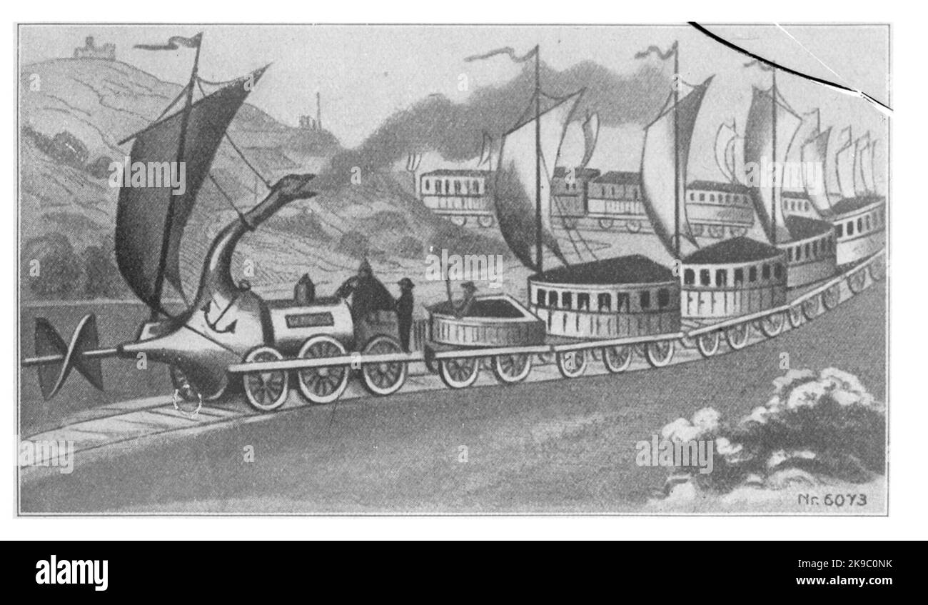 Amerikanische Illustration, die einen imaginären Zug mit Segel und Anker zeigt. Stockfoto