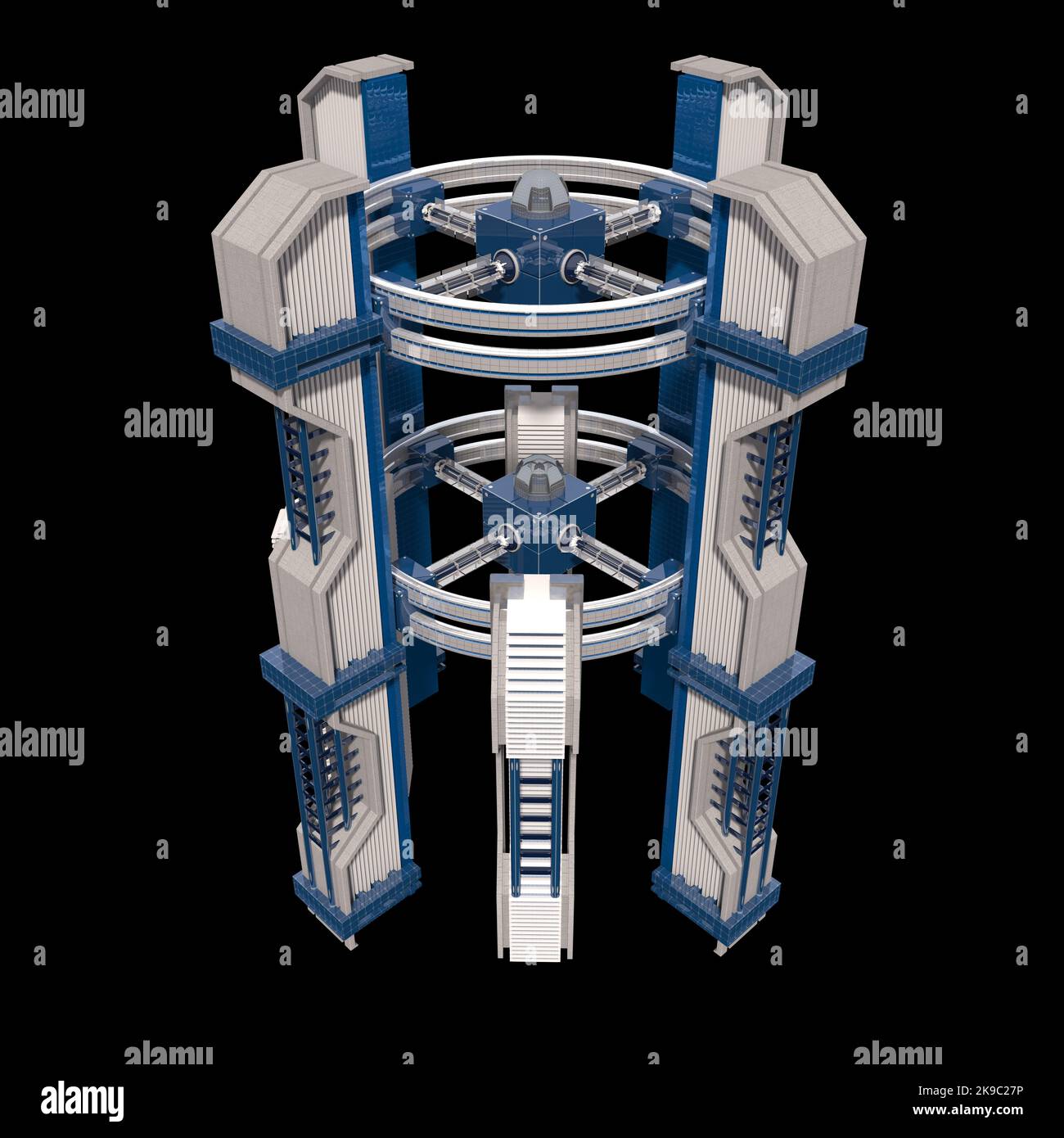 Futuristische Stadtarchitektur mit Hochhausstrukturen für oder Science-Fiction-Spielgrafiken. Der Beschneidungspfad ist in der Abbildung 3D enthalten. Stockfoto