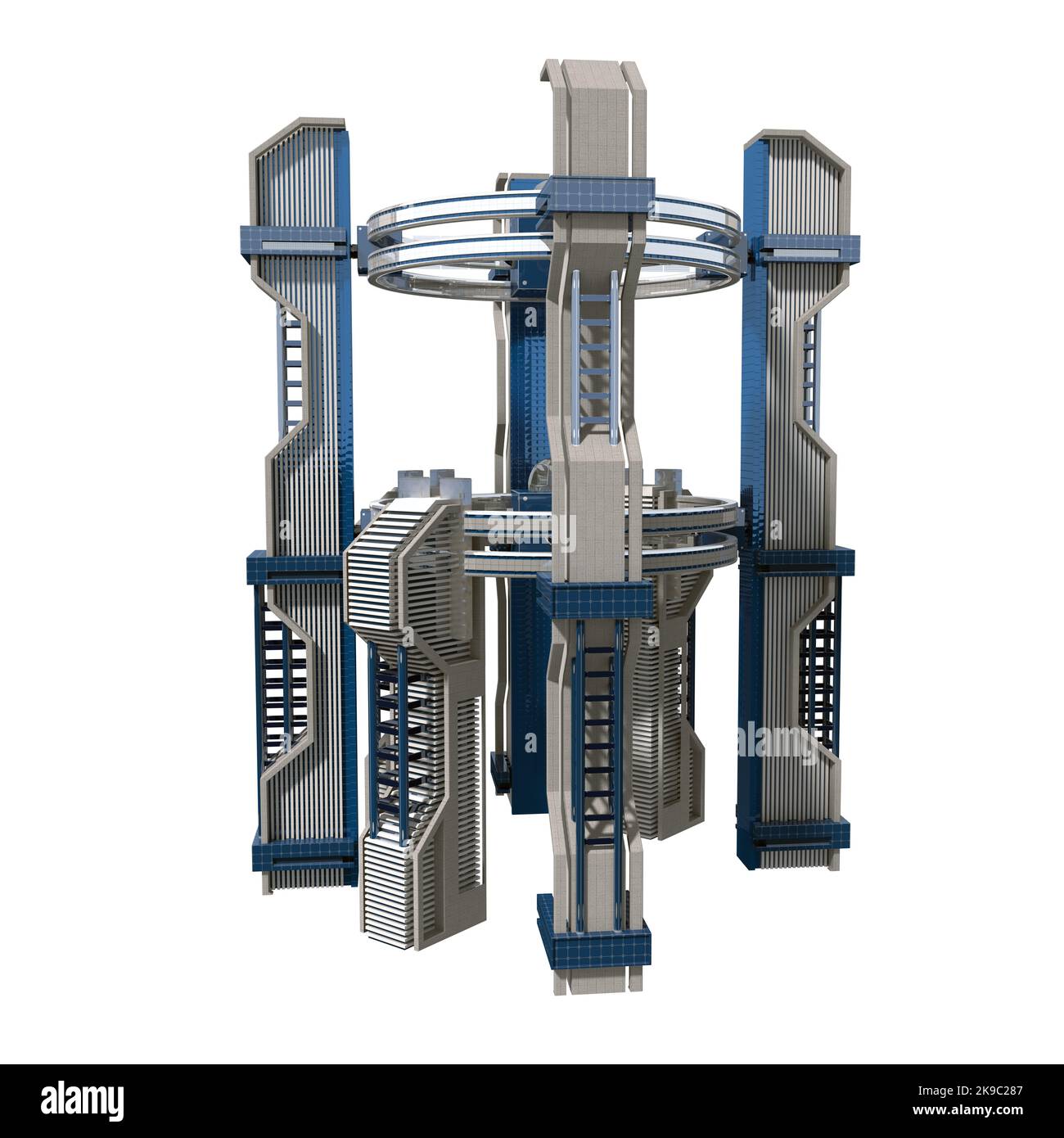 Futuristische technologische Architektur für Science-Fiction-Stadthimmellinien, die mit dem in der Abbildung von 3D enthaltenen Clipping-Pfad gerendert wurden. Stockfoto