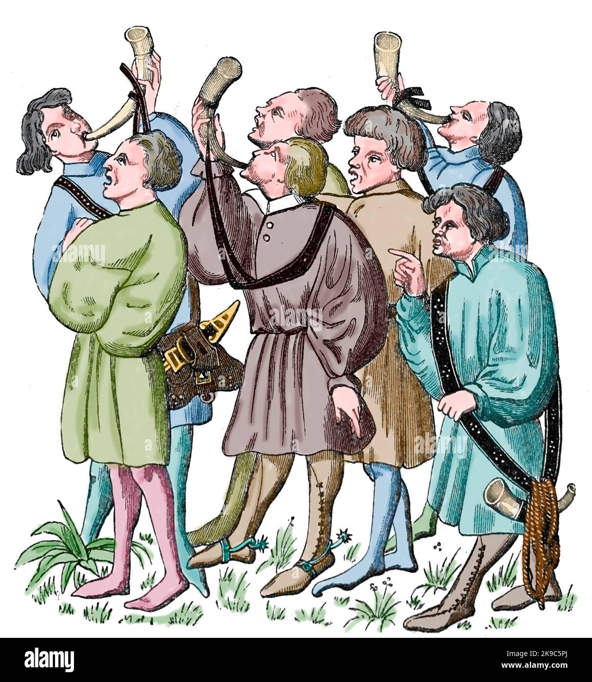 Europa. Jagd. Jäger mit Jagdhörnern. Gravur, 19. Jahrhundert. Stockfoto