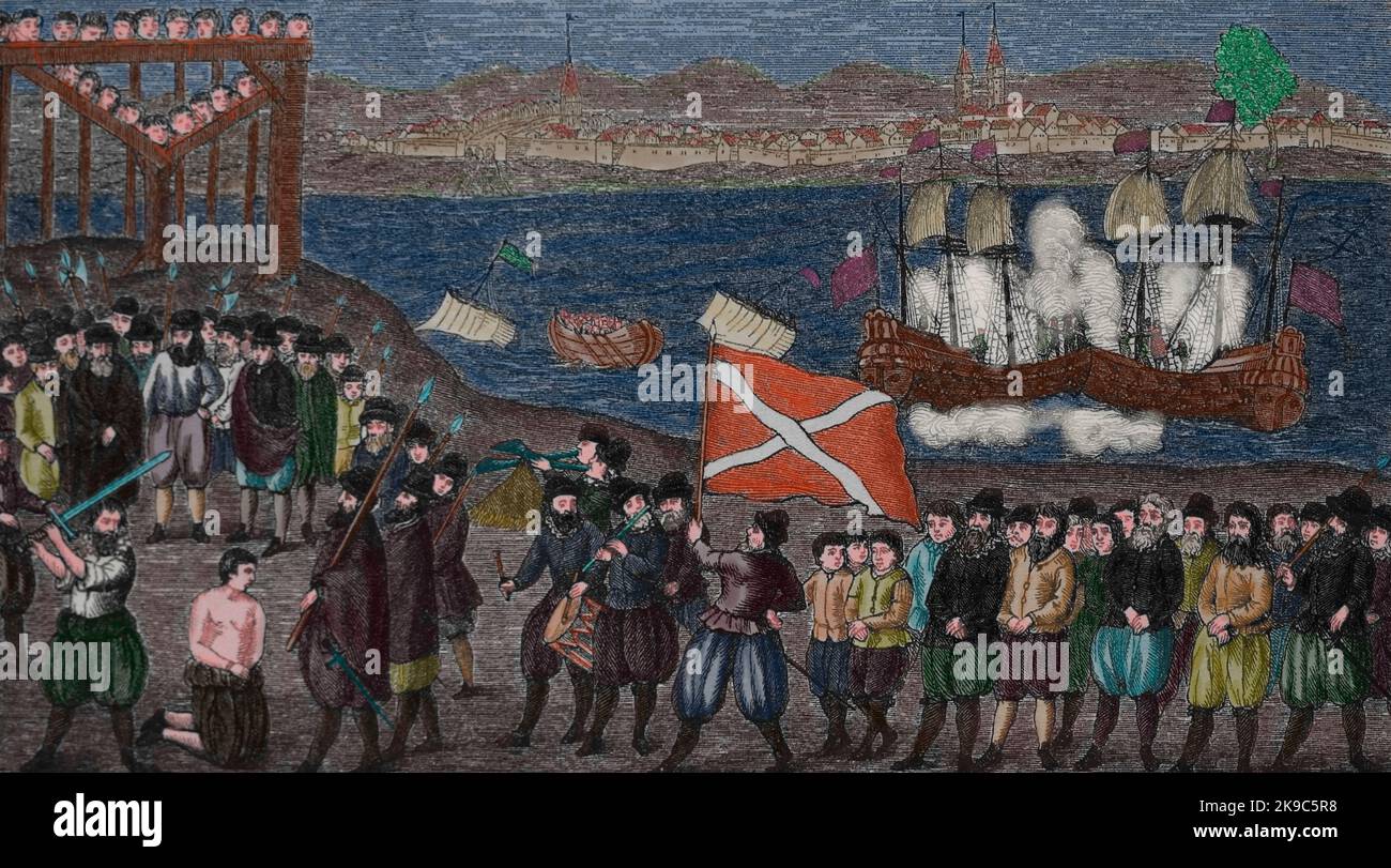 Die summarische Hinrichtung des Piraten Klaus Stortebeker (1360-1401) und seiner siebenten Komplizen 1401 in Hamburg. Stockfoto