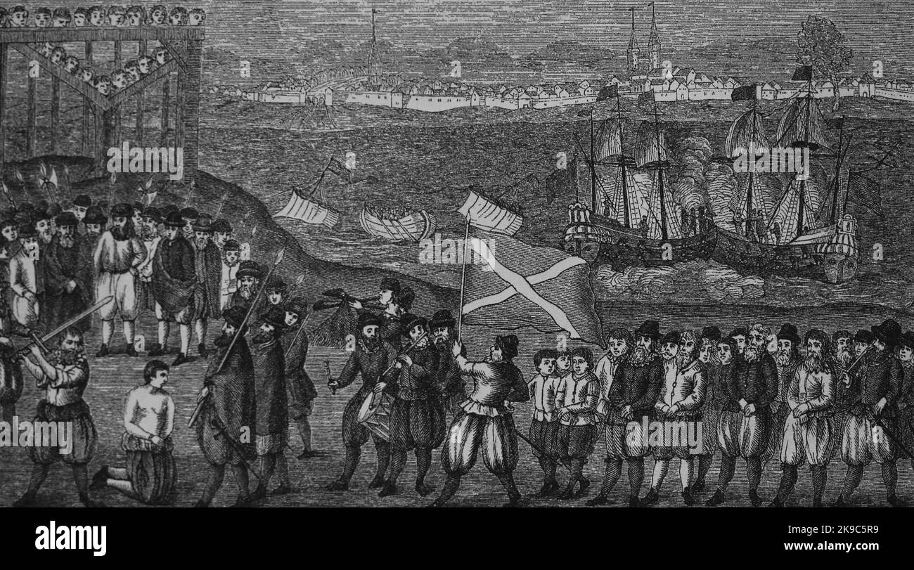 Die summarische Hinrichtung des Piraten Klaus Stortebeker (1360-1401) und seiner siebenten Komplizen 1401 in Hamburg. Stockfoto
