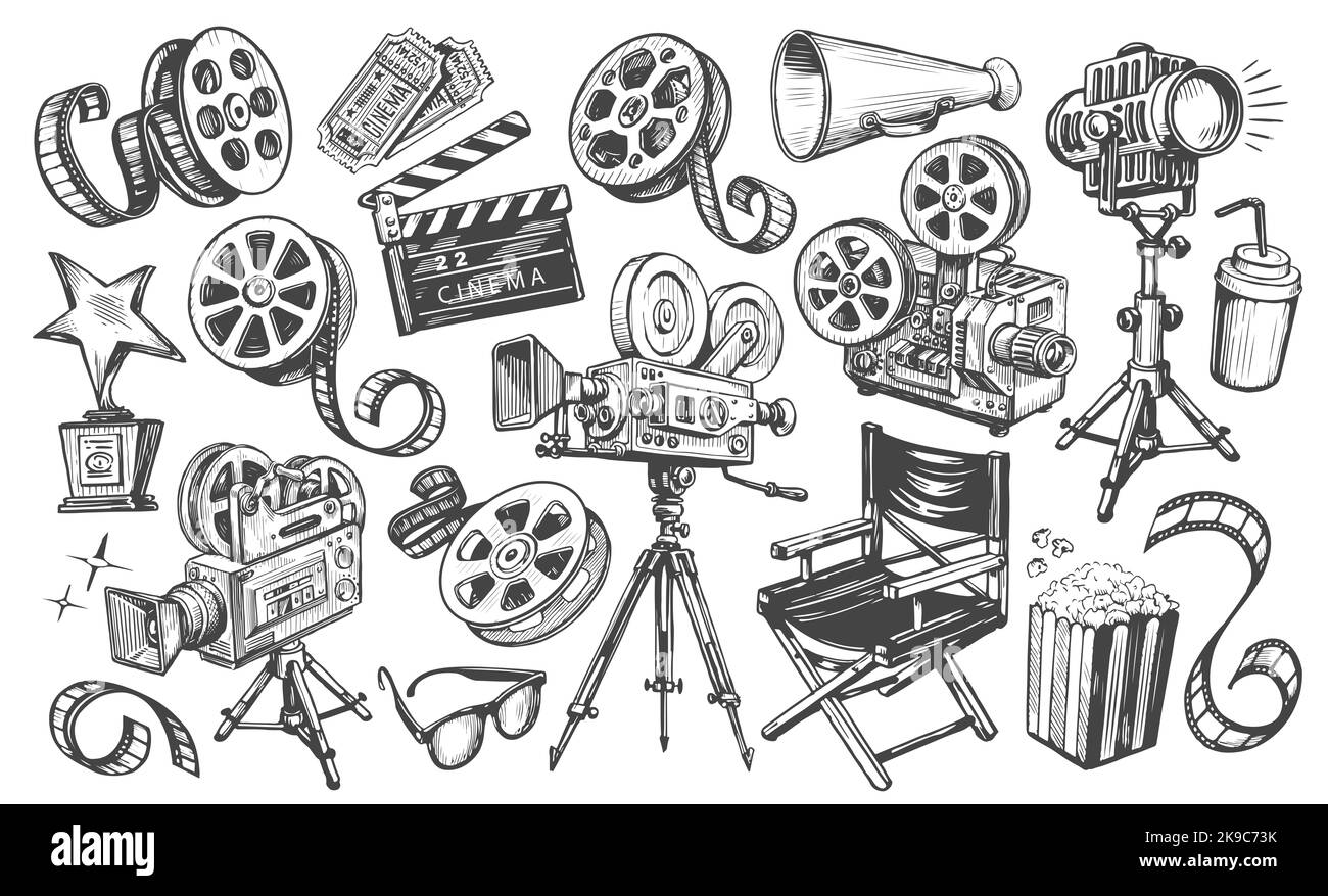 Kino-Set. Film, Film, Video, Fernsehkonzept. Handgezeichnete TV-Illustrationen im Vintage-Sketch-Stil Stockfoto