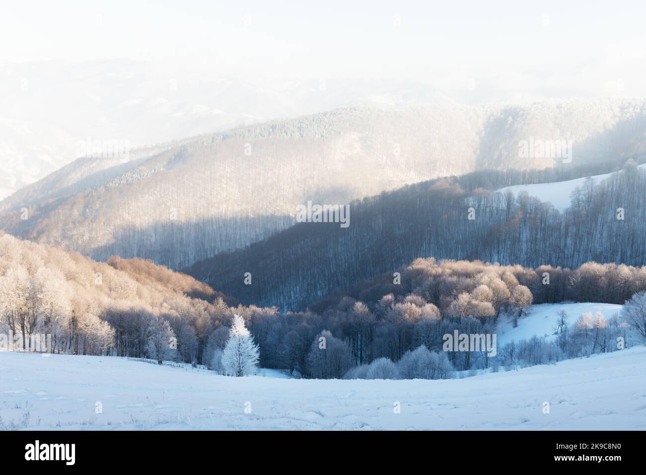 Fantastische Winterlandschaft mit verschneiten Bäumen und schneebedeckten Gipfeln. Karpaten, Ukraine. Weihnachten Urlaub Hintergrund. Landschaftsfotografie Stockfoto