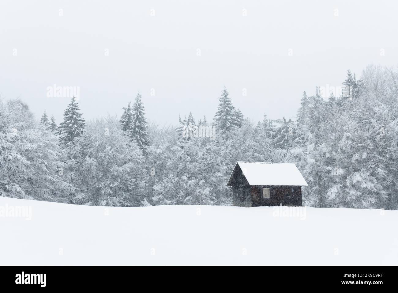 Fantastische Landschaft mit verschneiten Bergen, Bäumen und Holzhütte. Karpaten, Ukraine, Europa Stockfoto