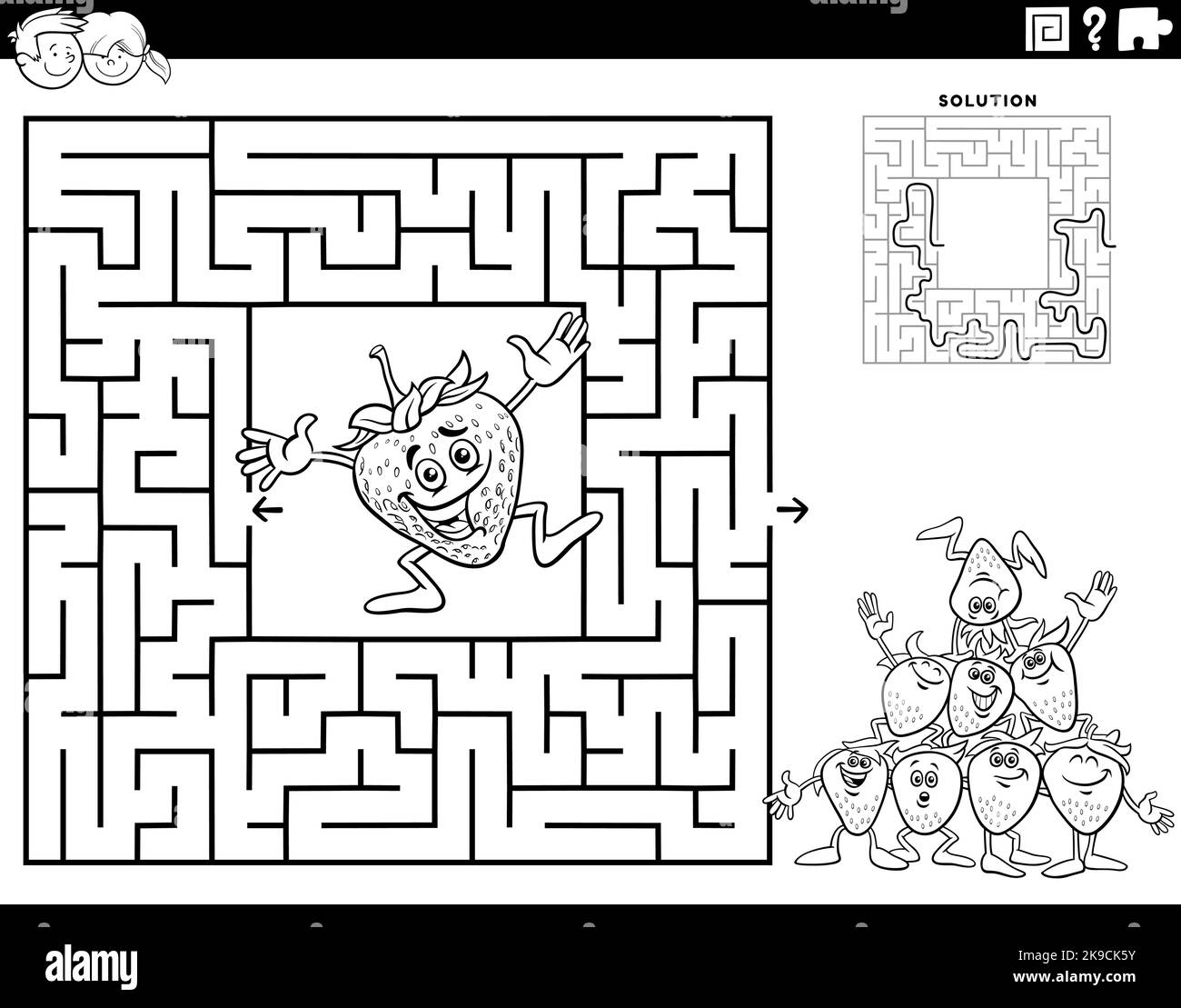 Schwarz-Weiß-Cartoon-Illustration der pädagogischen Labyrinth Puzzle-Spiel für Kinder mit Erdbeeren Obst Zeichen Malseite Stock Vektor