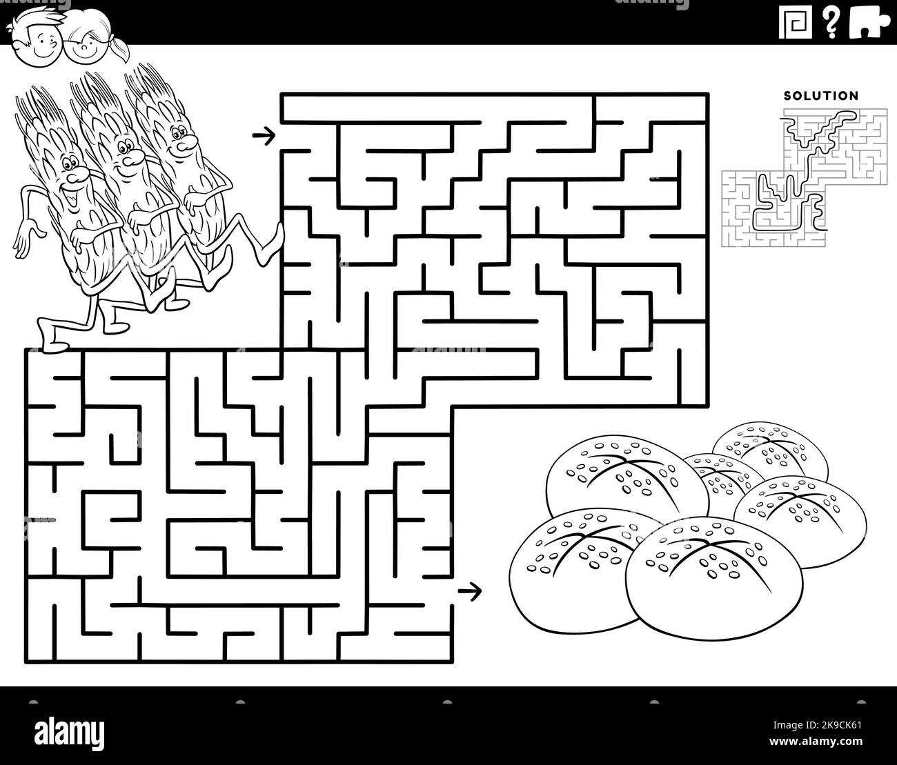 Schwarz-Weiß-Cartoon-Illustration der pädagogischen Labyrinth Puzzle-Spiel für Kinder mit Ähren von Getreide und Brot Färbung Seite Stock Vektor