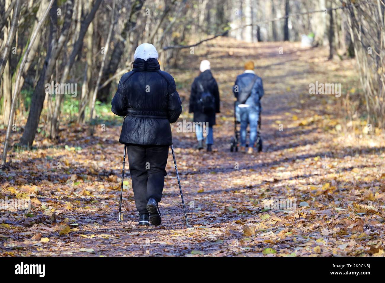 Frau, die mit Stöcken im Herbstpark auf dem Hintergrund der Menschen läuft. Nordic Walking in der Natur Stockfoto