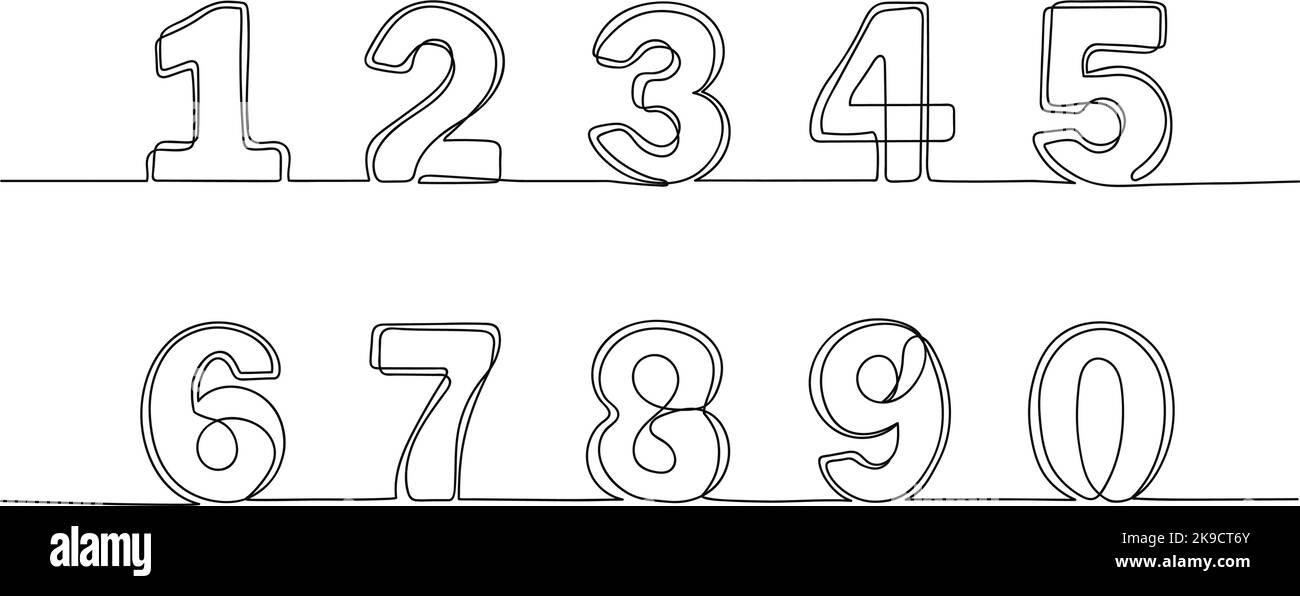 Fortlaufende einzeilige Nummern. Handgezeichnete Zählsymbole, Umrissnummer oder Skizzenziffer-Vektorsatz Stock Vektor