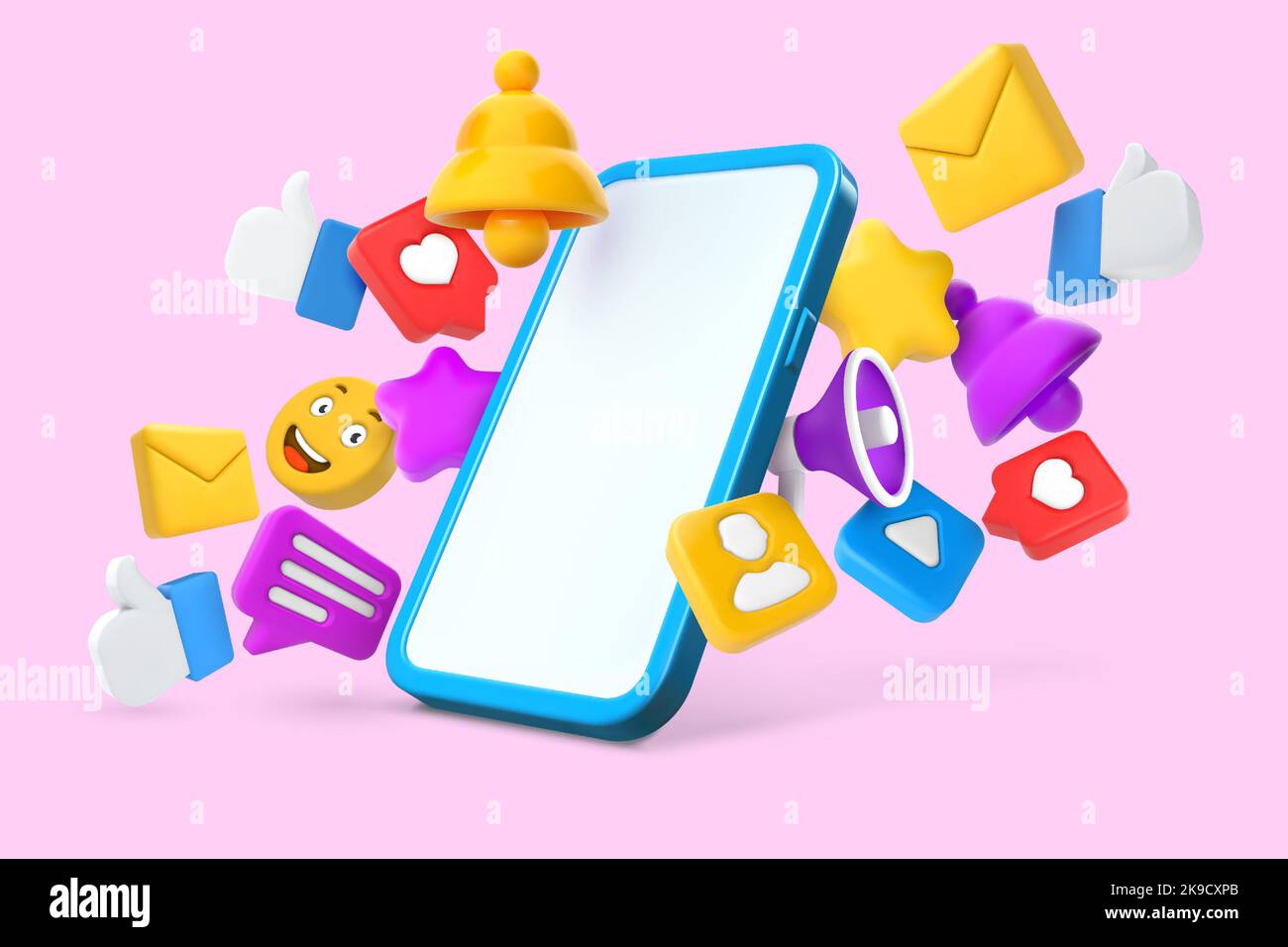 Smartphone-Mockup für soziale Medien. Online-Kommunikation, Bildschirm für mobile Geräte mit 3D „Gefällt mir“-Angaben, Benachrichtigungen und Nachrichten-Symbolen Illustration Stock Vektor