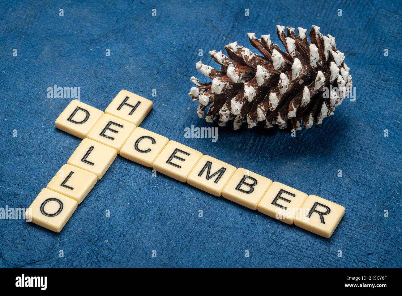 Hallo Dezember Kreuzworträtsel in Elfenbein-Buchstabenblöcken mit einem dekorativen, frostigen Kegel aus Kiefer Stockfoto