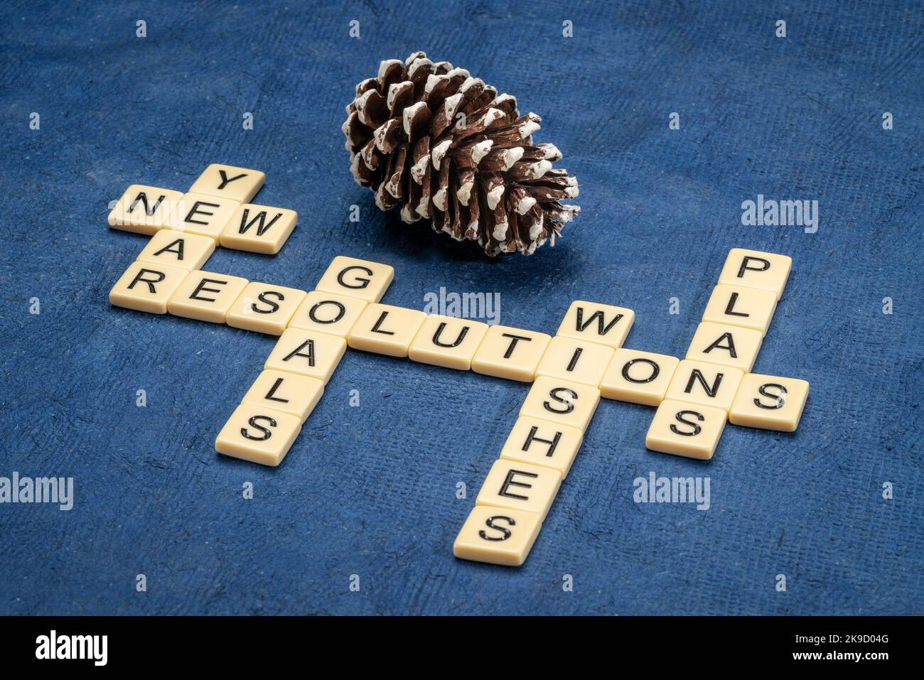 Neujahrsziele, Vorsätze, Absichten, Pläne und Wünsche Kreuzworträtsel gegen strukturiertes handgemachtes Papier mit einem dekorativen frostigen Kiefernkegel, Zielstellung ein Stockfoto