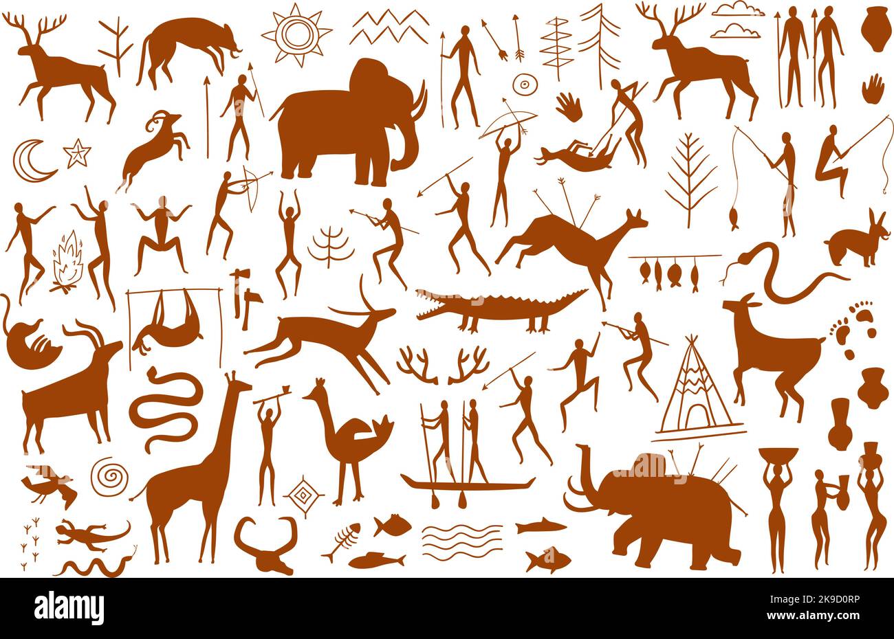 Felsmalerei. Höhlenmensch-Szenen, prähistorische Zeichnungen von Jägerhöhlen und Silhouetten wilder alter Tiere. Kunstvektorsatz aus der Steinzeit Stock Vektor