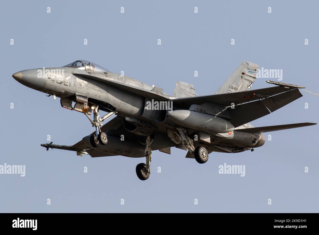Eine F-18 Hornet von Ala 46 kommt nach einer Mission während der SIRIO 22 Übung nach Hause. Stockfoto