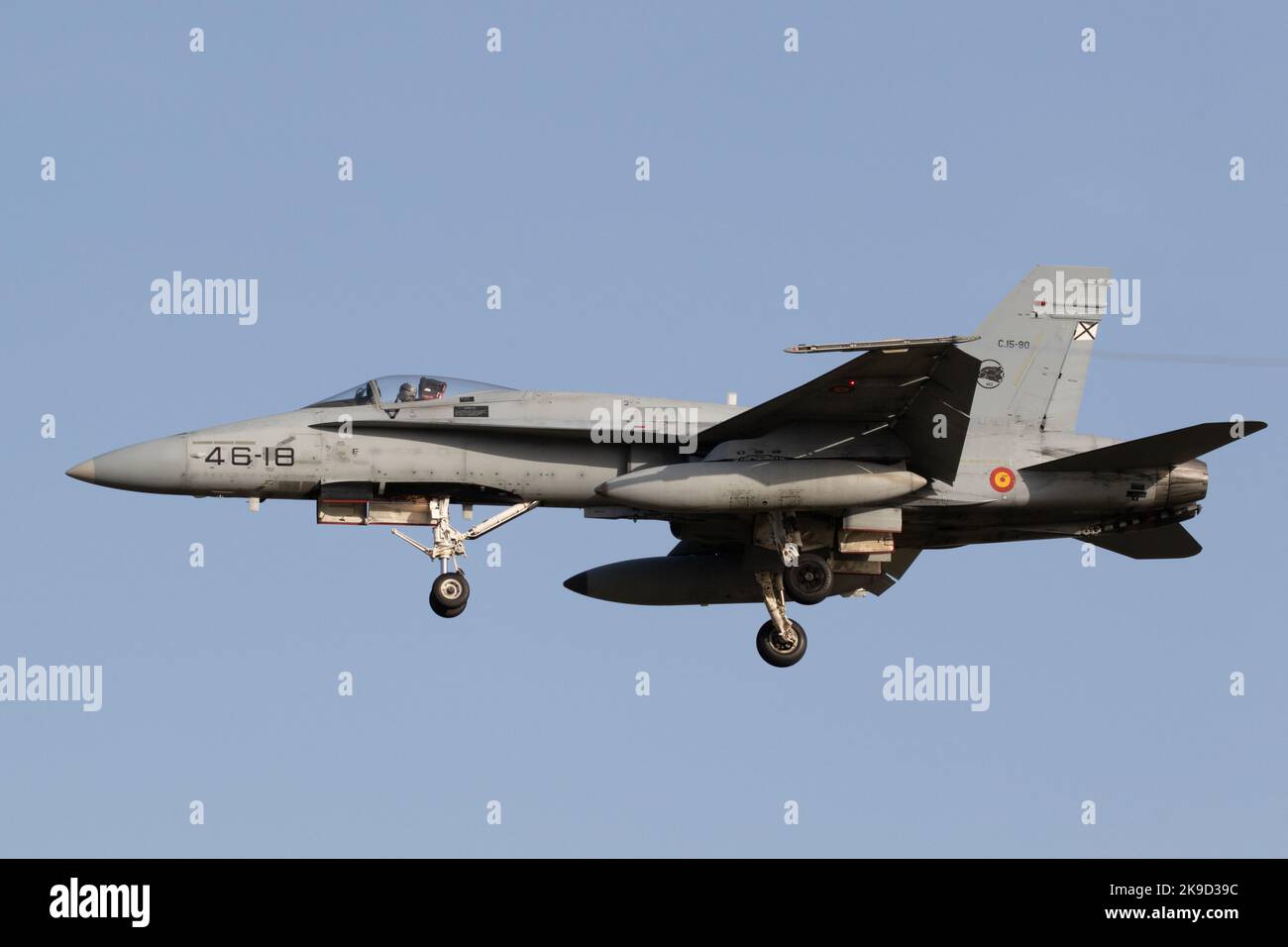 Die spanische Luftwaffe Hornet landet auf dem Luftwaffenstützpunkt Gando während der SIRIO 22-Übung. Stockfoto