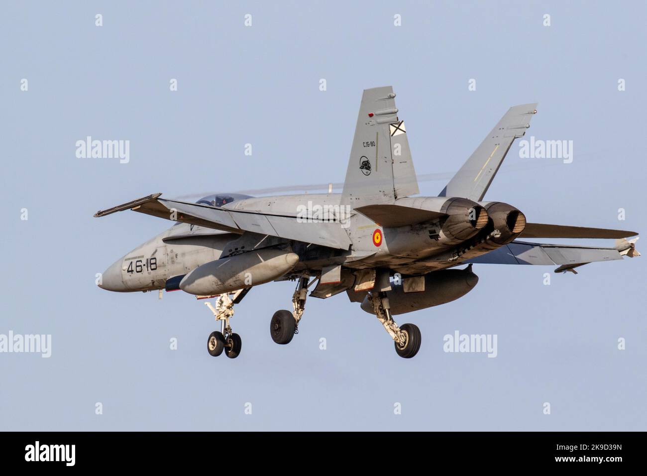 Die spanische Luftwaffe Hornet landet auf dem Luftwaffenstützpunkt Gando während der SIRIO 22-Übung. Stockfoto