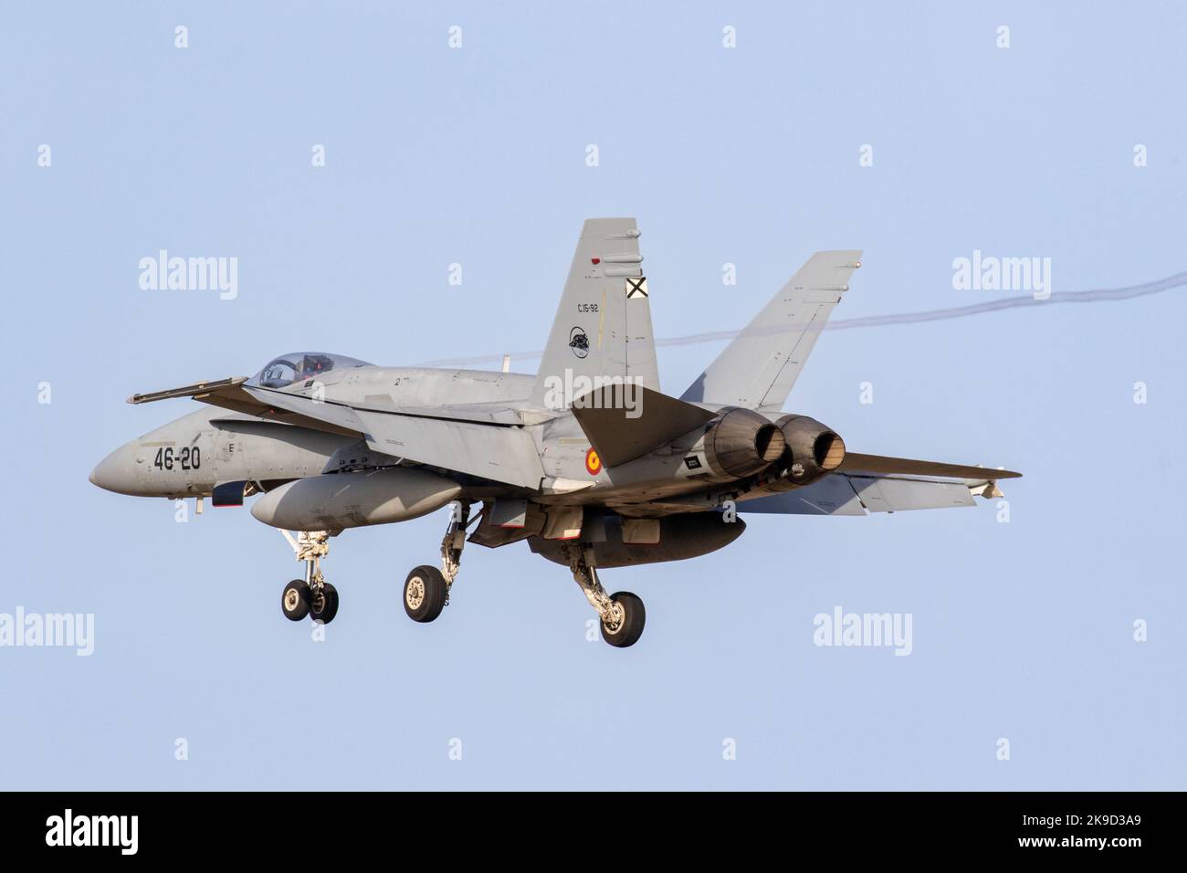 Die spanische Luftwaffe Hornet landet auf dem Luftwaffenstützpunkt Gando während der SIRIO 22-Übung. Stockfoto