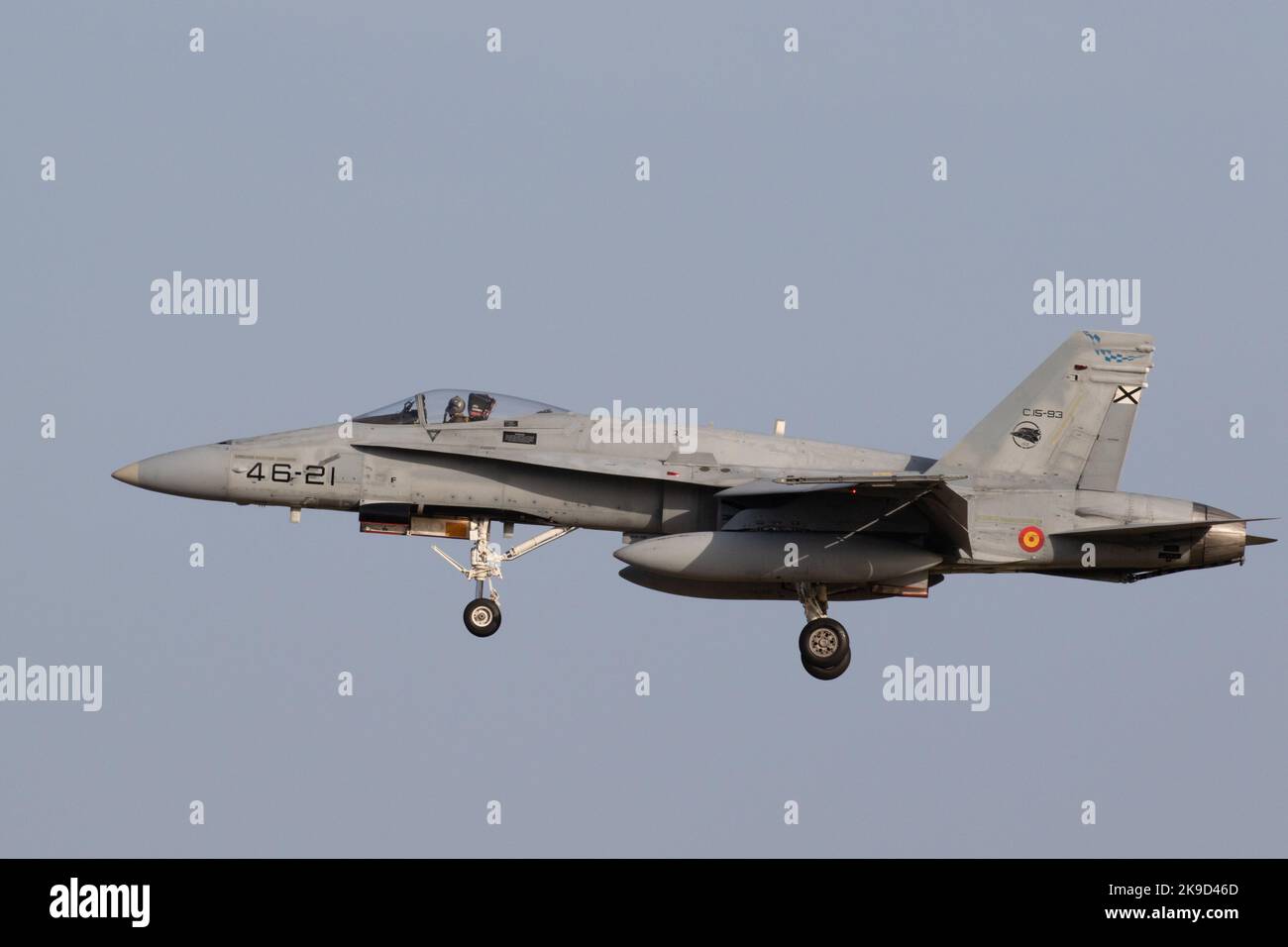 Die spanische Luftwaffe Hornet landet auf dem Luftwaffenstützpunkt Gando während der SIRIO 22-Übung. Stockfoto