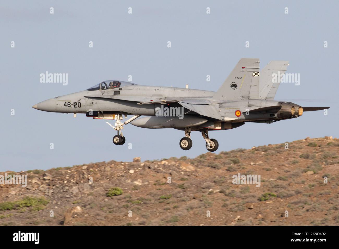 Die spanische Luftwaffe Hornet landet auf dem Luftwaffenstützpunkt Gando während der SIRIO 22-Übung. Stockfoto