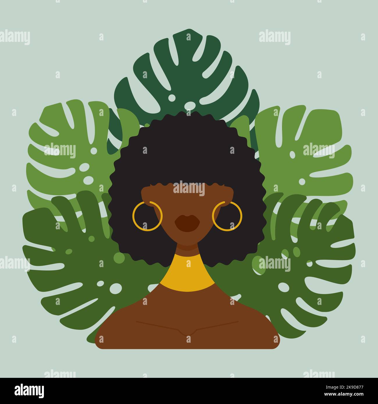 Junge dunkelhäutige Frau mit schwarzen lockigen Haaren. Mit runden gelben Ohrringen und einem Ornament um den Hals, vor einem Hintergrund aus grünen tropischen Blättern. Flache Vektorgrafik. Stock Vektor