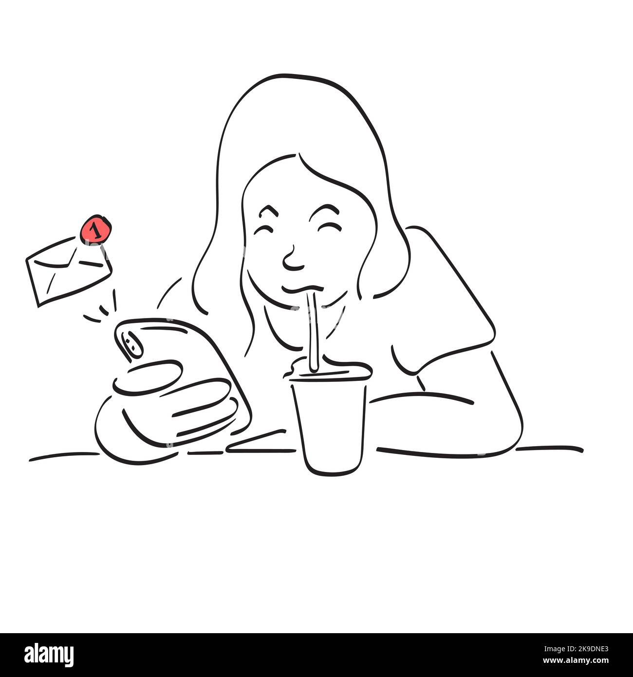 Linie Kunst Frau lesen E-Mail auf ihrem Smartphone und trinken Eiskaffee auf Tisch Illustration Vektor Hand gezeichnet isoliert auf weißem Hintergrund Stock Vektor