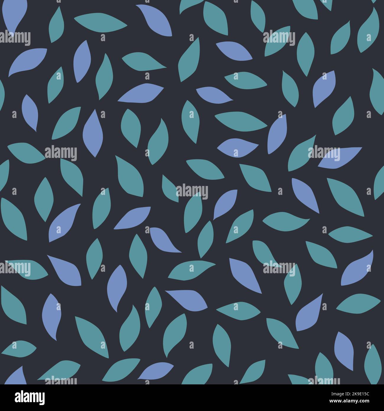 Nahtloses Muster mit isolierten bunten Blättern auf dem dunkelblauen Hintergrund. Grüne und violette Blätter. Schlichtes Motiv für Textilien und Geschenkpapier. Stockfoto