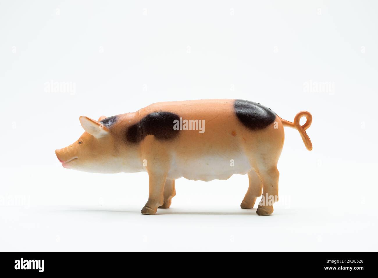 Seitenansicht eines Schweinespielzeugs auf weißem Hintergrund Stockfoto